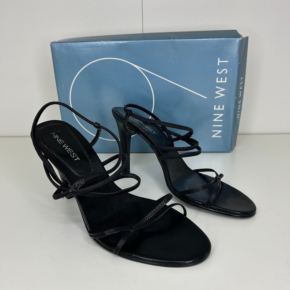 Nine West Womens Strappy Heeled Sandals Black Leather Size 7.5M Open Toe